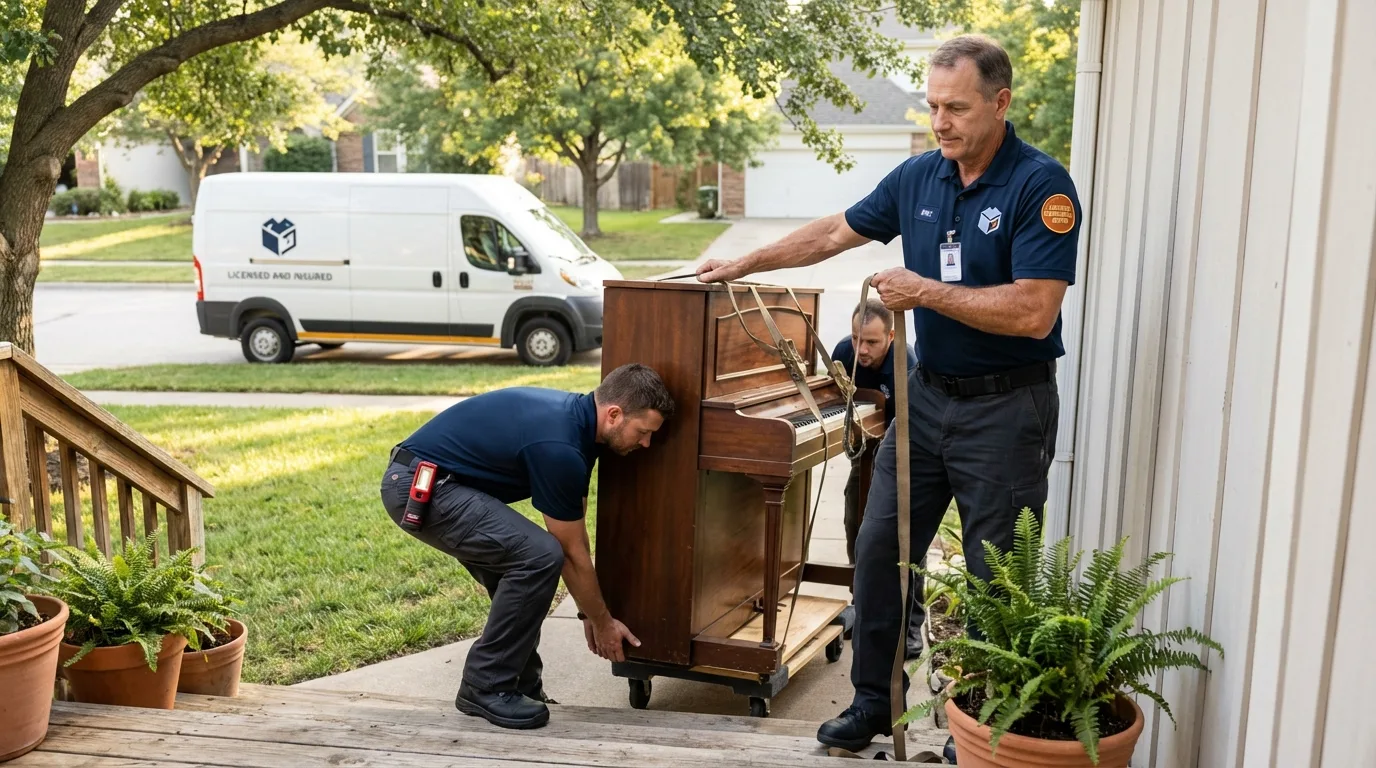 Licensed piano movers securing grand piano in Timber Lake, SD