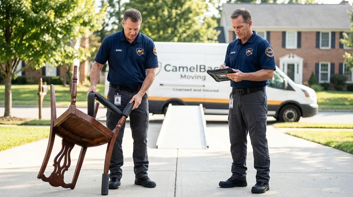 Movers inspecting furniture for damage prevention before loading in Timber Lake, SD